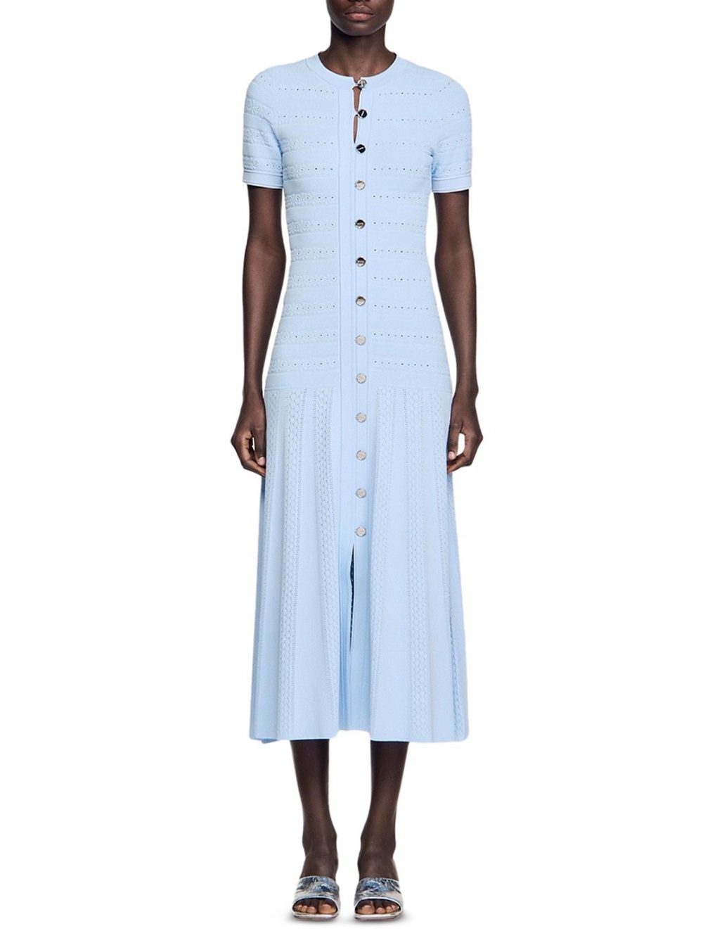 Sandro Pale Blue Button-Front Knit Midi Dress